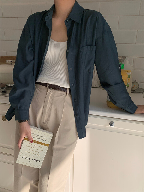 goods in stock! [feeding] Korean version solid color single Pocket Shirt 7711-e6# cqw