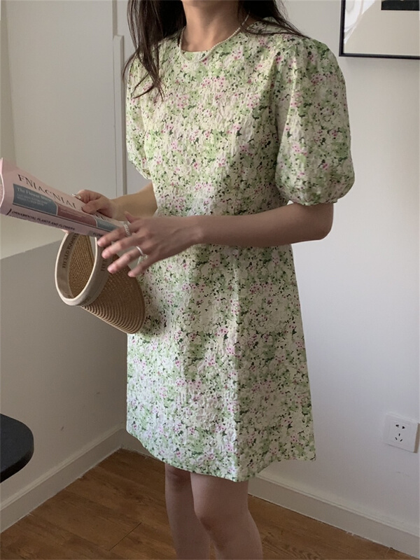 [Gabrielle] Vintage Floral bubble sleeve dress b2295# zxl