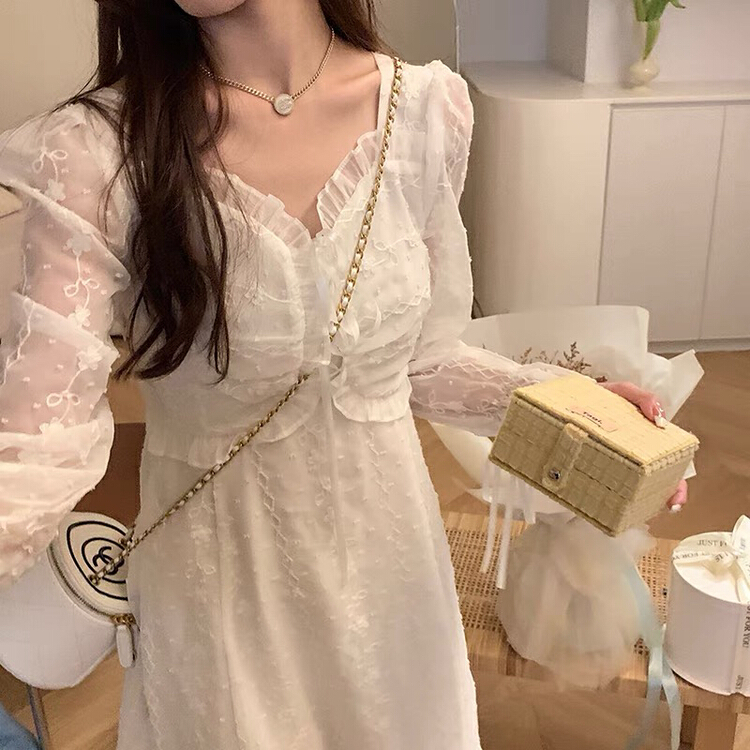 New in early summer! [by] French romantic square neck embroidered lace temperament Fairy Dress 0951# HBx