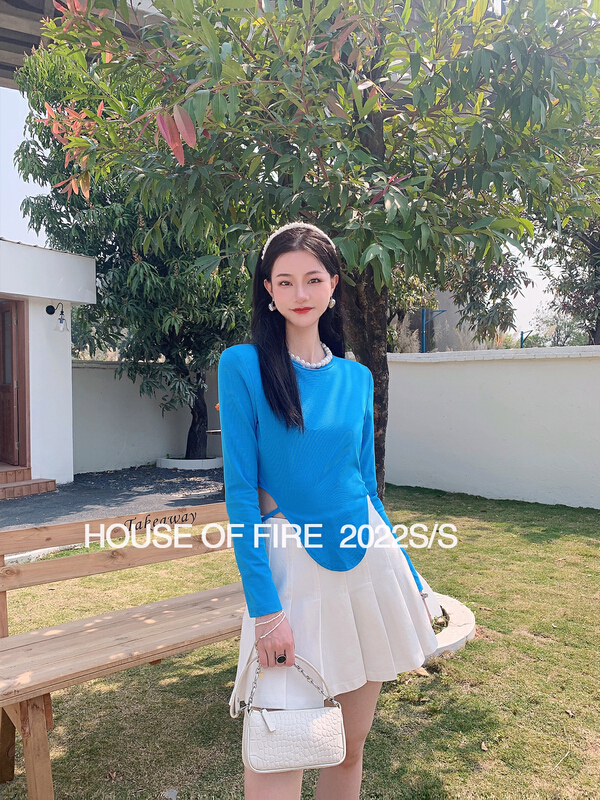 [huohuohuo huodres] irregular sexy waist strap slim long sleeve T-shirt 22101# ozq