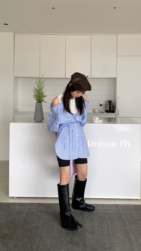 goods in stock! New in early summer! [dream fly] design fake two off shoulder shirts (with belt) 61172# XJ