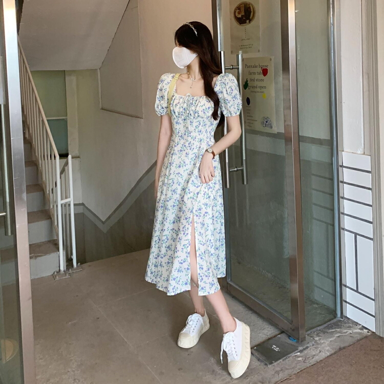【盈盈新衣】小清新碎花修身顯瘦開叉連衣裙  7540#  CL