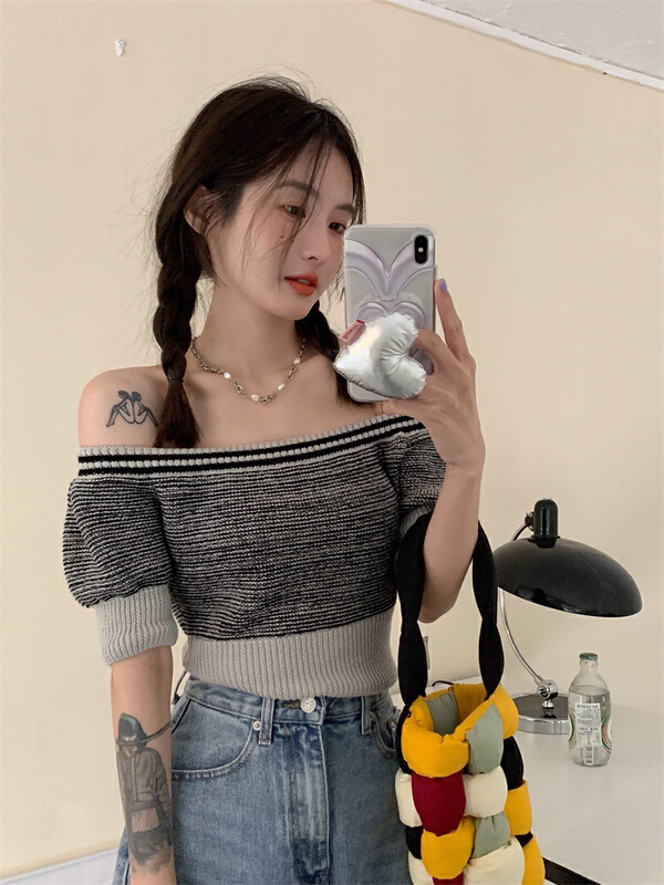 [wgwe] Korean striped slim fit short one neck blouse 1611# PCZ