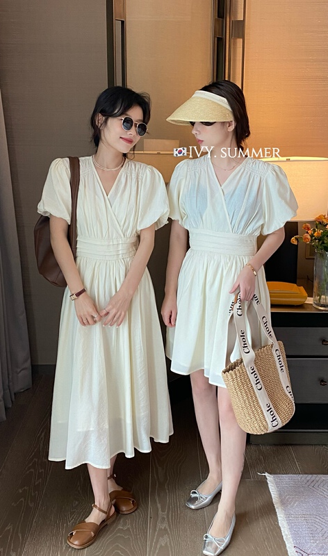[Ivy] Korean style waist closing bubble sleeve V-neck dress 88217# XJ