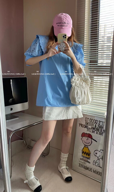 New in early summer! [le&wong] French large lapel bubble sleeve design Short Sleeve Shirt 8351\wtt