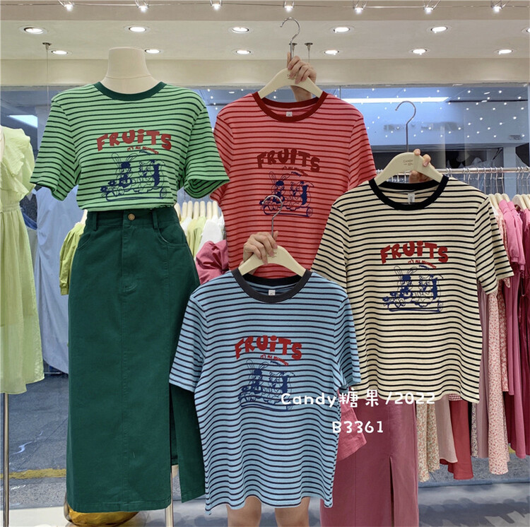 [candy] simple stripe letter short sleeve T-shirt ys1-3361# zjy
