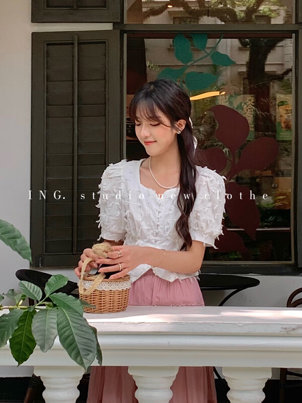 [ing] French Vintage peach collar tassel design, thin and small shirt ing-9033# HBx