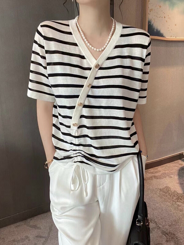 New in early summer! [pamini] design stripe niche sweater 2282# HJC