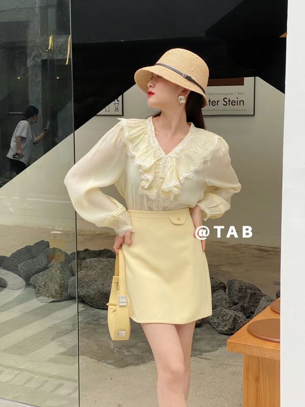 New year in early spring! [tabmini] lady temperament V-neck Ruffle shirt c19003# jhy