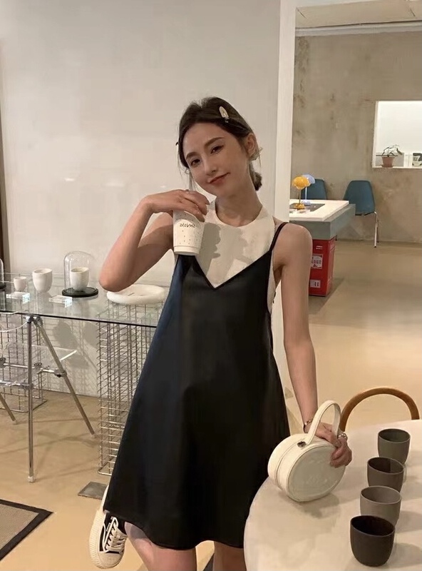 [are studio] design sense splicing leather suspender dress 81127# zxx