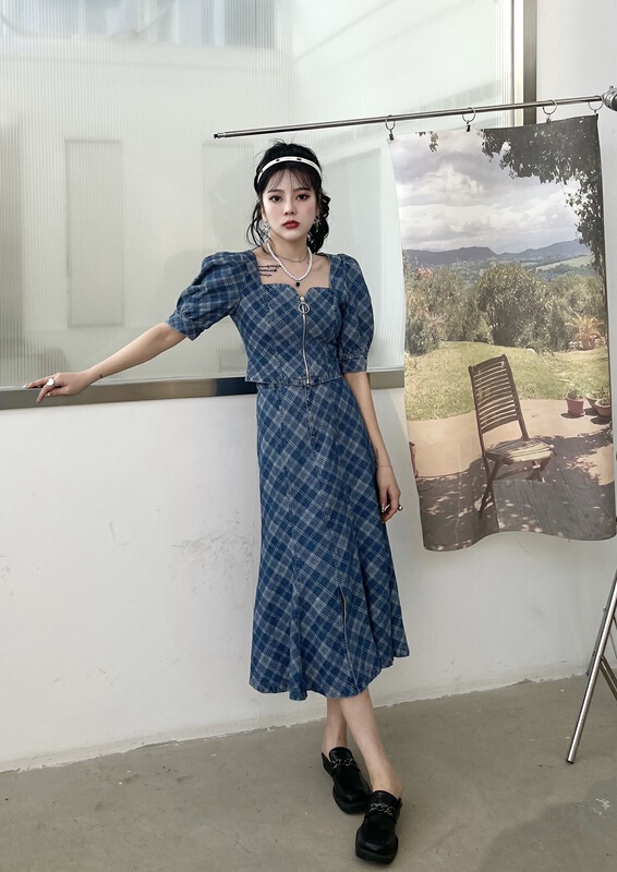 goods in stock! New year in early spring! [mi2] Korean Bubble Sleeve Plaid shirt + slim fishtail skirt set b6233# JJ