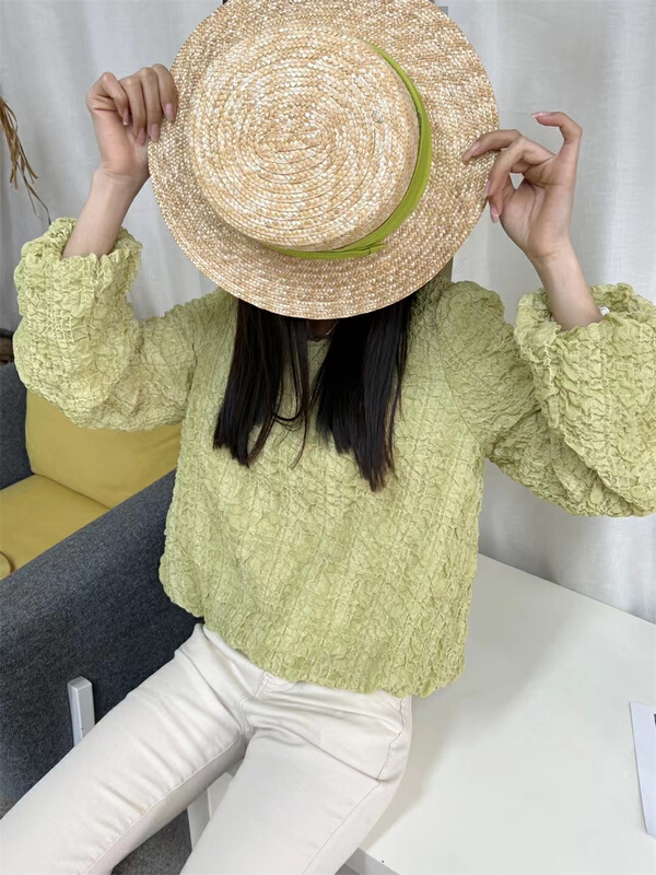 goods in stock! New year in early spring! [liu-y] simple elastic bubble pleated shirt 16717# XJ