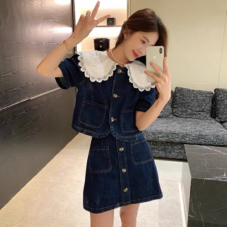 [come and see] xiaoxiangfeng aging jacket + denim Korean skirt suit 1135# JJ