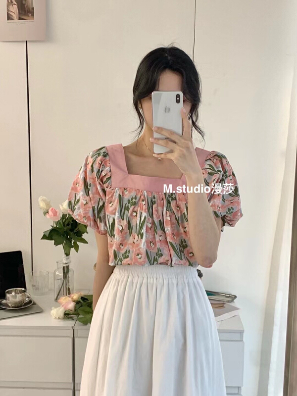 [MSTUDIO MANSA] square collar floral temperament small shirt 756# ll