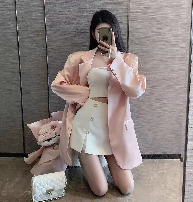 [Linna] Korean diamond button color contrast split skirt 7015# zxx