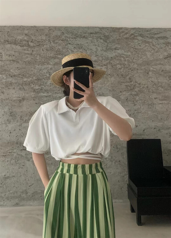 [3. Three point] Korean Solid Color Bubble Sleeve bandage short polo collar short sleeve T-shirt 7193# cqw
