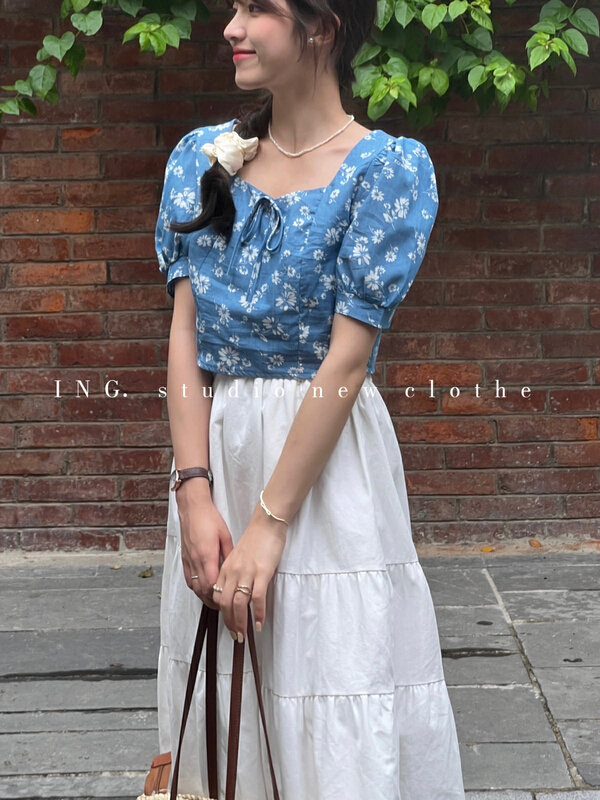 [ing] Vintage Square Neck Lace Up bubble sleeve denim Decor blouse ing-9007# HBx