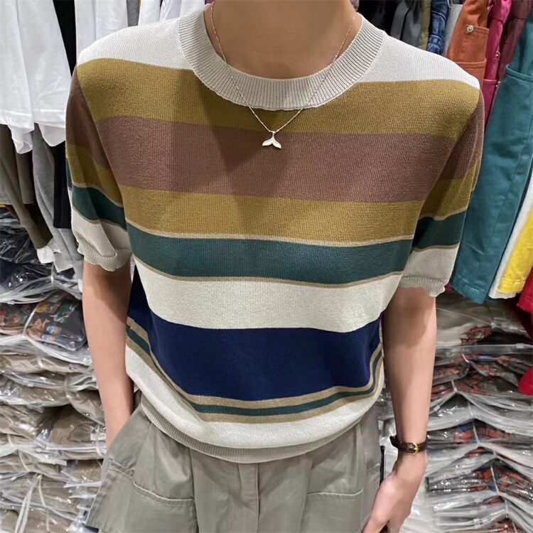 [benwo] simple stripe versatile crew neck T-shirt 0686# CLS