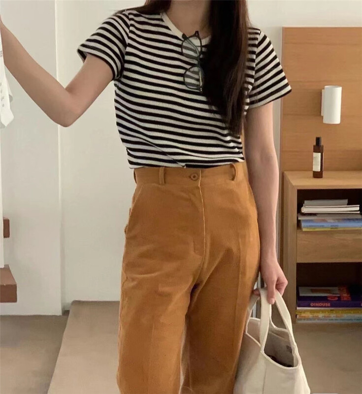 [Las celula] Korean crew neck stripe short sleeved T-shirt 1547# zxx