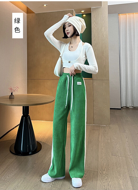 [fan fan] Korean version drawstring elastic label color matching wide leg casual pants 1092# JJ