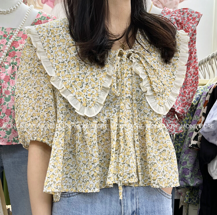goods in stock! New in early summer! [mone more foam home] Korean doll collar contrast color flounced foam Chiffon floral blouse 8079# HBx