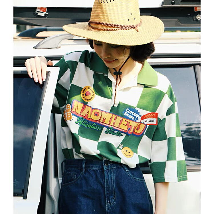 [lab eeda] Japanese retro checkerboard alphabet printed polo shirt 3027# ozq