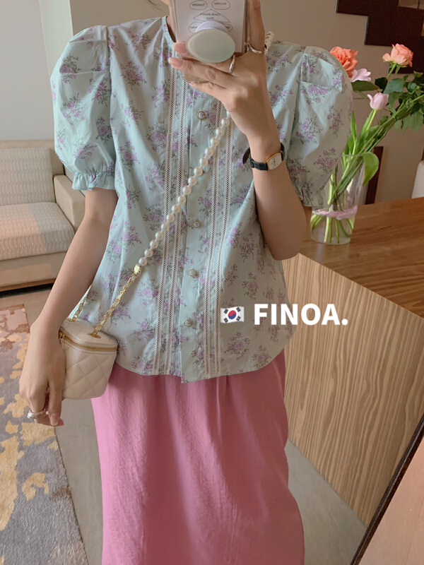 New in early summer! [finoa] Korean casual round neck stitched Lace Floral short sleeve shirt 10438# CLS