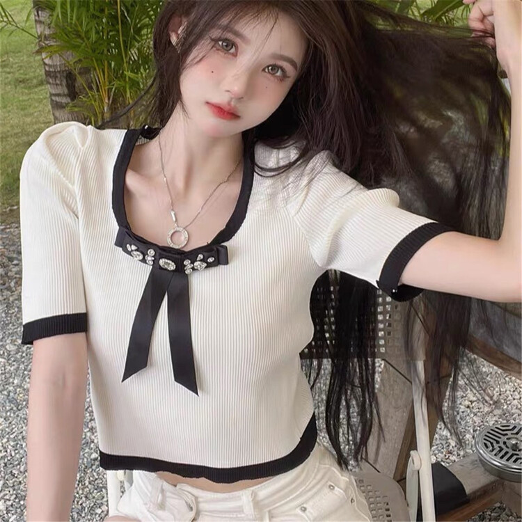 [Weika] color blocked U-neck three-dimensional bow knit 8227# lwy