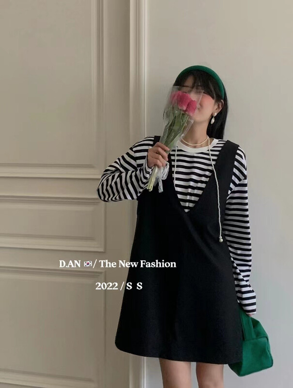 [d.an] classic stripe long sleeve T-shirt + V-neck strap skirt set 8903# zxx
