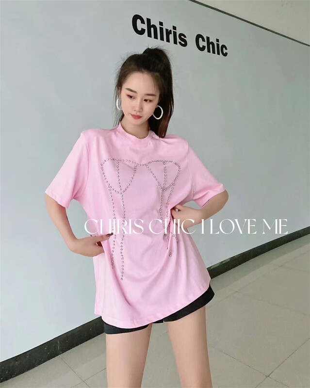 goods in stock! New in early summer! [iris chic] fashion personalized Nail Drill versatile short sleeve T-shirt 8-mm062# ozq