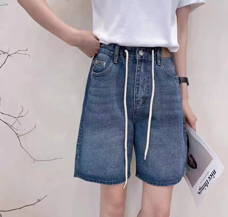 [1000 degrees] drawstring at the trouser head, casual style, wide leg five point denim shorts 38079# LSW