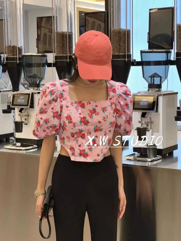 goods in stock! New in early summer! [top] simple short floral square neck blouse s537# ZSY