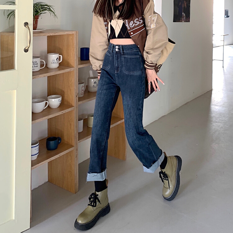 New year in early spring! [timely rain] Han Feng ins loose high waist slim design retro straight jeans u5210# YYW