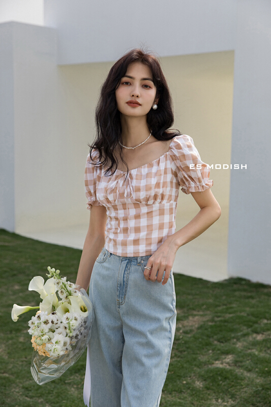 [es modish] Spice Girl Style Bubble Sleeve Plaid blouse bl1618# XYJ