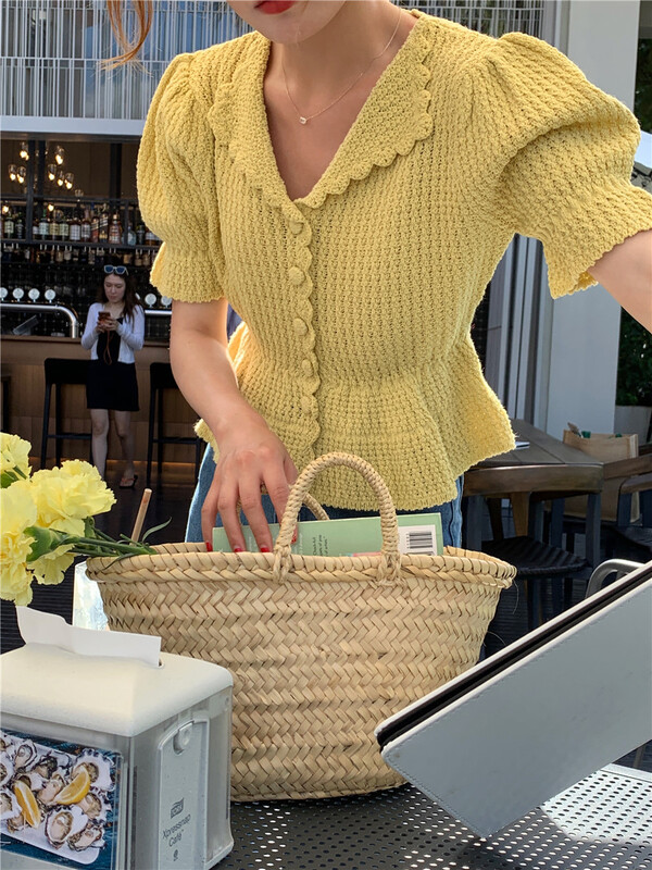 Early spring new [vis type] Vintage bubble sleeve single breasted knitted cardigan ys1-9077# hjy