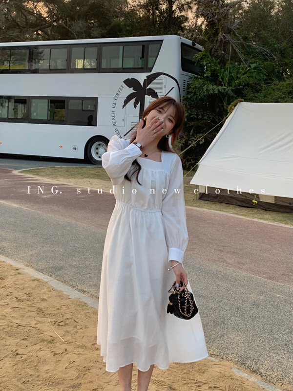 Original price 73.32! New year in early spring! [ing] elegant Vintage square neck bubble sleeve temperament dress 6813# ZSY