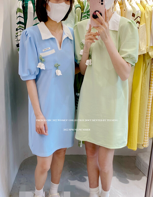 [teem ing] ins design sense polo collar thin dress (with 2 flower pins) 22t262# hjy