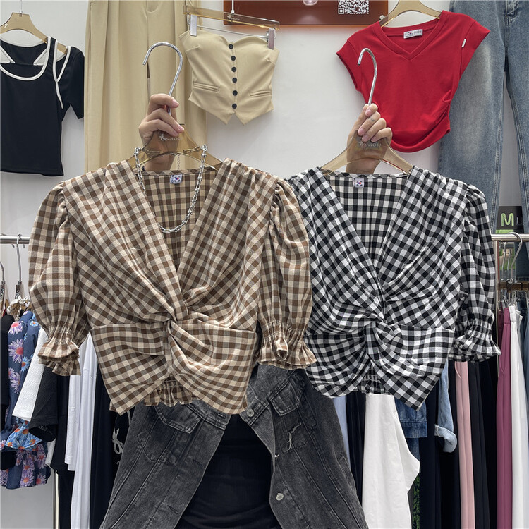 [show] V-neck Plaid kink blouse (only for small blouses) 88374# ozq