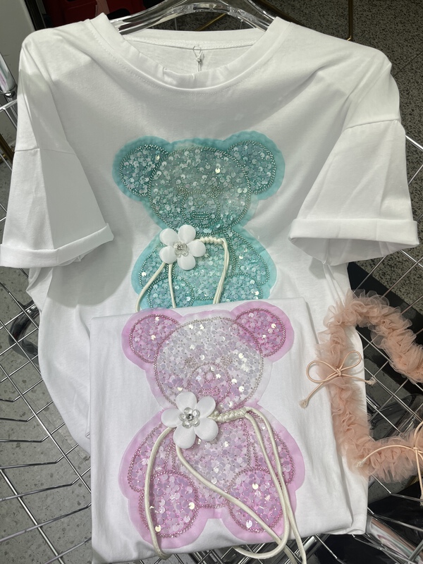 [Irene] Sequin gradient bear short sleeve T-shirt 2291# WTT