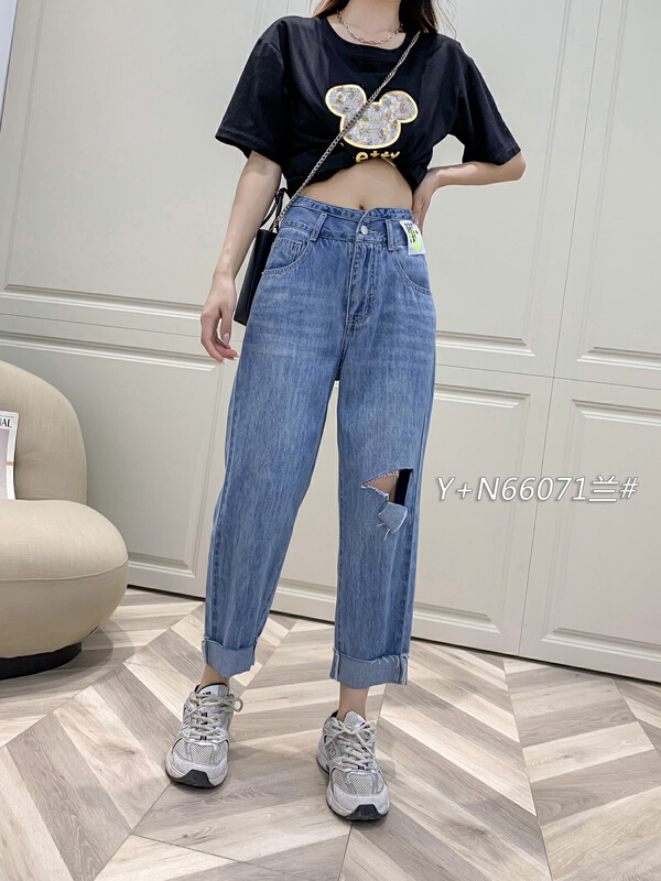 [Yinuo Yinuo jeans] super soft thin material hole breaking high waist Harlan jeans 6071# ZSY