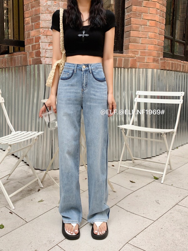 New in early summer! [x2 square] Korean loose straight contrast jeans 1969# ll