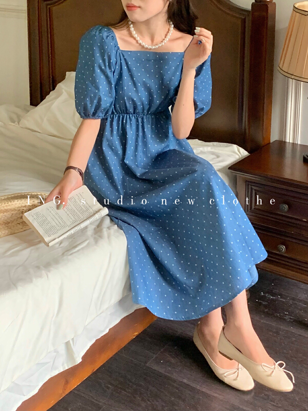 [ing] French style square neck bubble sleeve denim dress 6332# ZSY