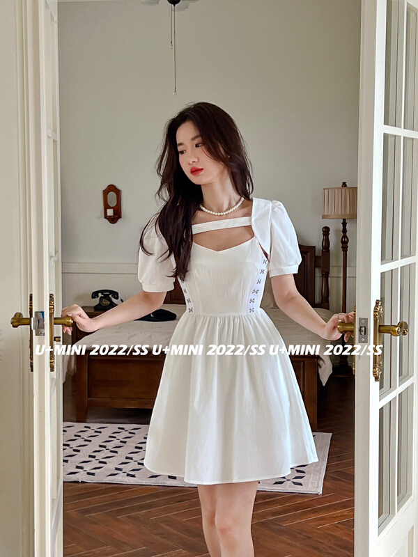 [U + Mini] French square neck waist closing dress + Court Style Bubble Sleeve Blouse set d0635a# WPL