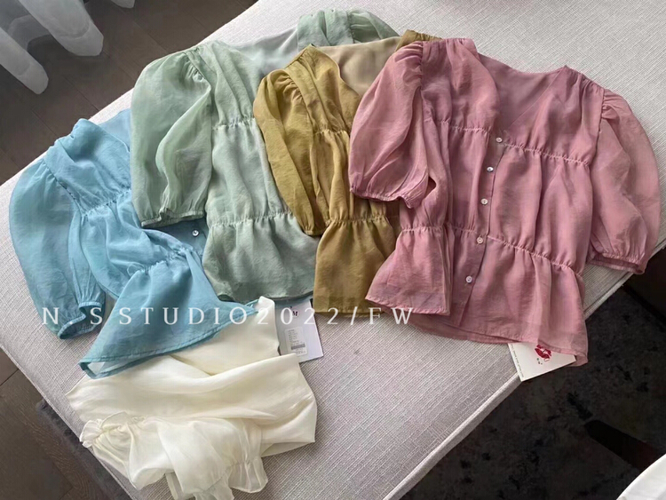 [N.S] Korean pleated bubble sleeve button up blouse 8755# WPL