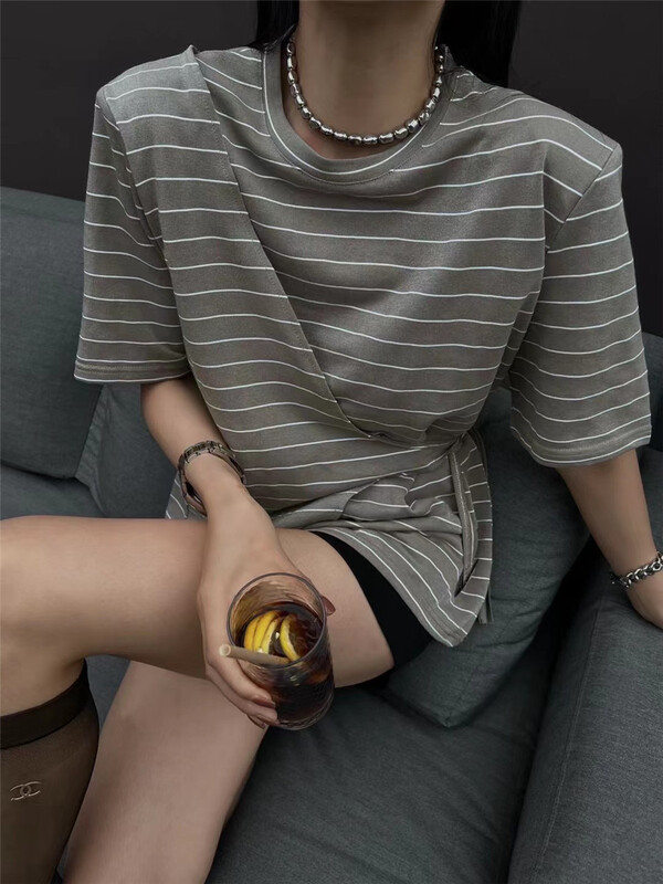 [BF wlj] stripe button design Short Sleeve T-shirt (T-shirt only) 9098# ozq