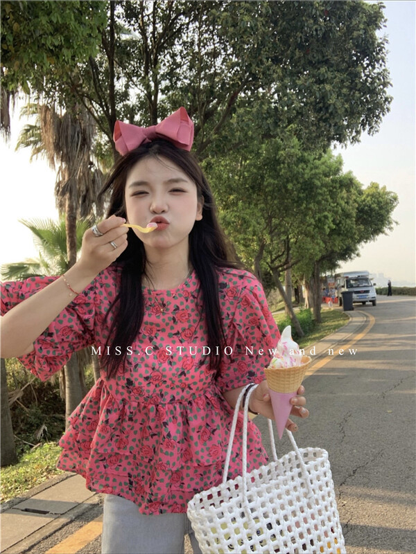 [miss. C studio] Korean round neck bubble sleeve floret shirt 3122# zxx