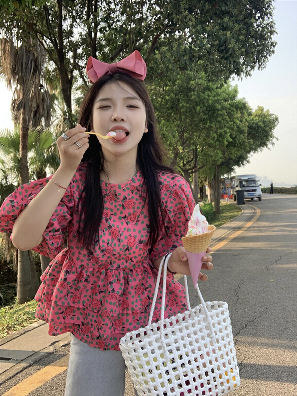 New in early summer! [timely rain] Korean style ins sweet temperament French bubble sleeve floral short sleeve shirt 31525# WPL