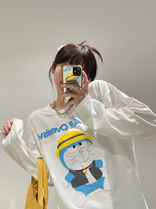 [Nancy] fun robot cat • Dingdang cat Hand Embroidered Beaded heavy industry logo flocked long sleeve T-shirt bs8664# WPL