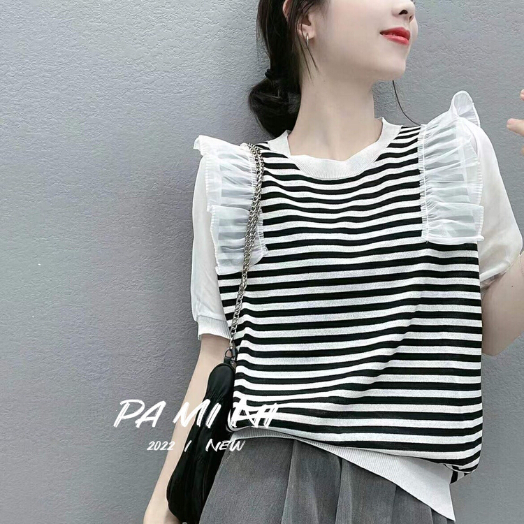 [pamini] aging stitching fungus edge design bubble sleeve T-shirt 22138# Cl