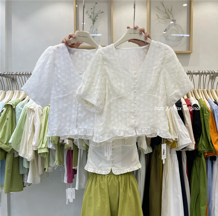 [Max original] V-neck breasted polka dot print shirt 98193# HBx